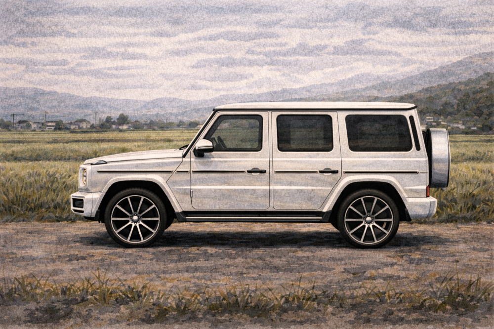 ベンツゲレンデはなぜ高いを解説する記事用イメージ画像。田園風景と白の高級車風イラスト