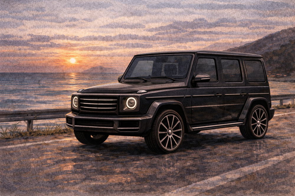 ベンツゲレンデはなぜ高いを解説する記事用イメージ画像。夕暮れの海沿い道路と高級車風イラスト