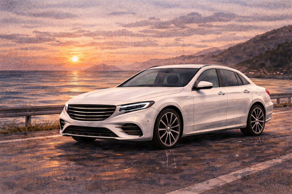 ベンツが「恥ずかしい」を解説する記事用イメージ画像。曇り空の高速道路を走る白の高級車風イラスト