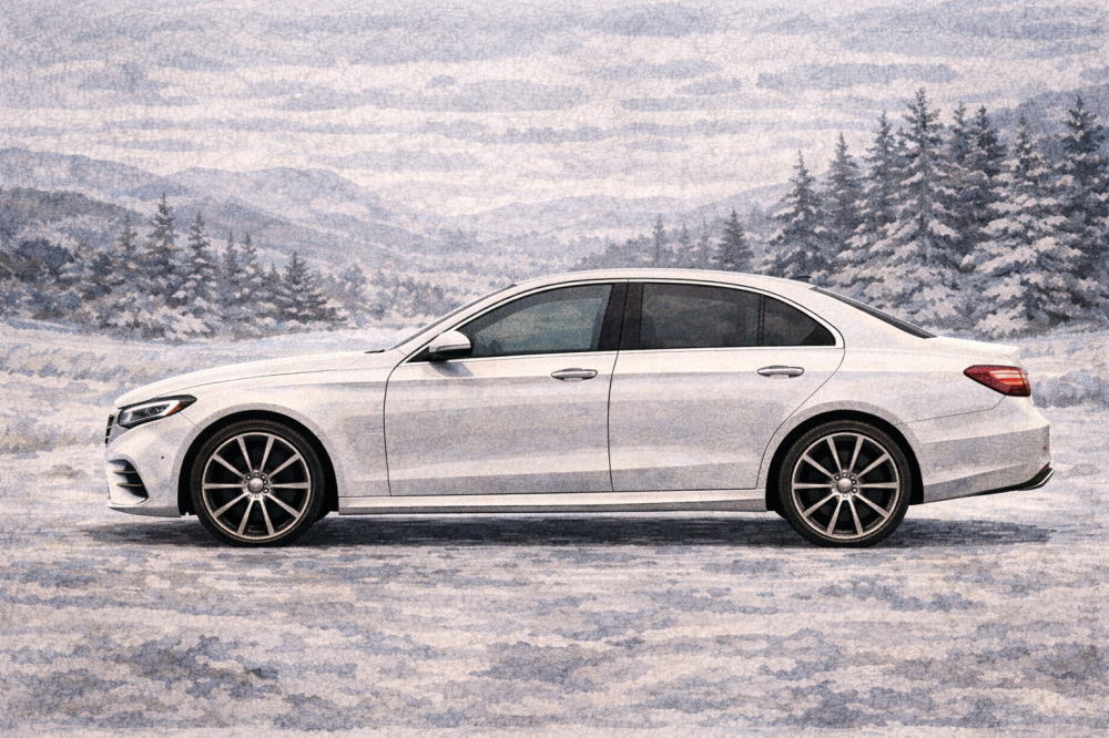 ベンツが「恥ずかしい」を解説する記事用イメージ画像。雪景色と白の高級車風イラスト