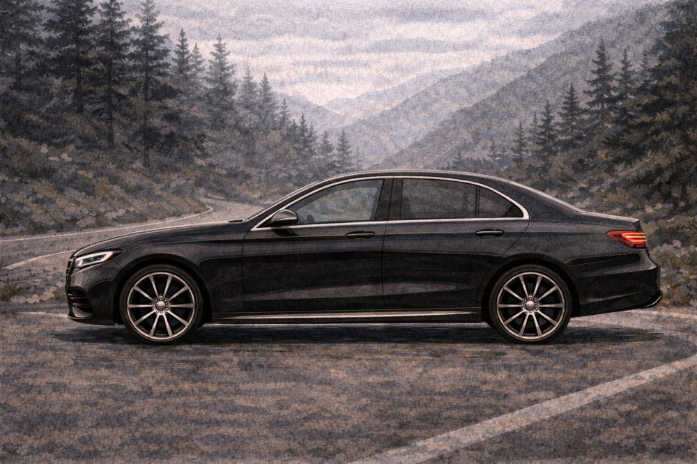 ベンツが「恥ずかしい」を解説する記事用イメージ画像。静かな山道と高級車風イラスト