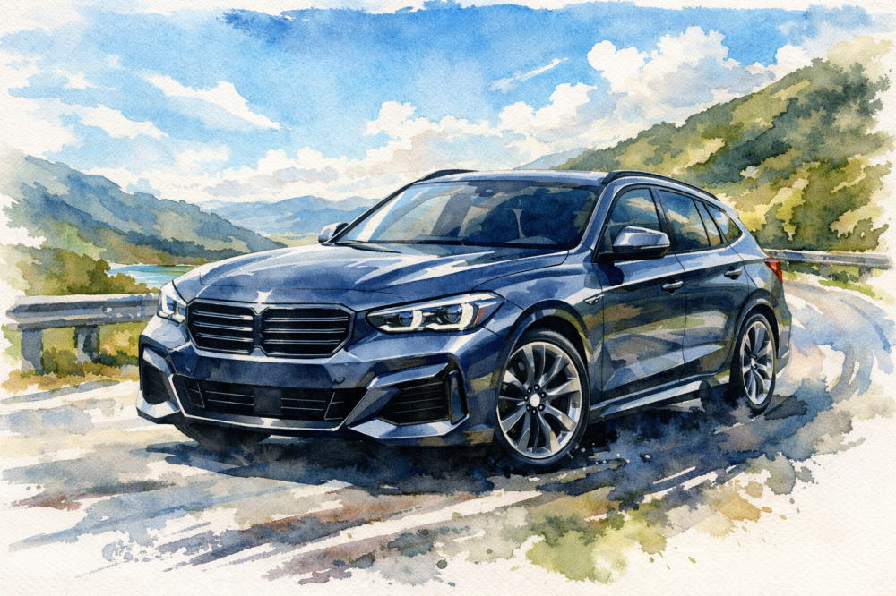 BMW X1で「失敗した…」となる7つの理由を解説する記事用イメージ画像。晴天のワインディングロードと高級車風イラスト。