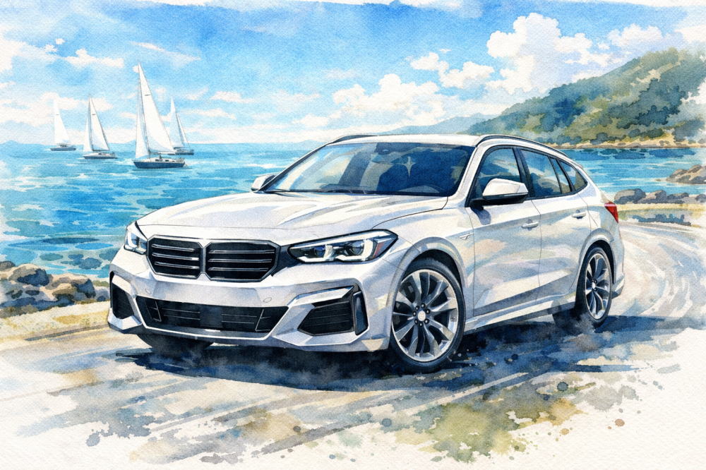 BMW X1で「失敗した…」となる7つの理由を解説する記事用イメージ画像。ヨットが見える景色と高級車風イラスト。
