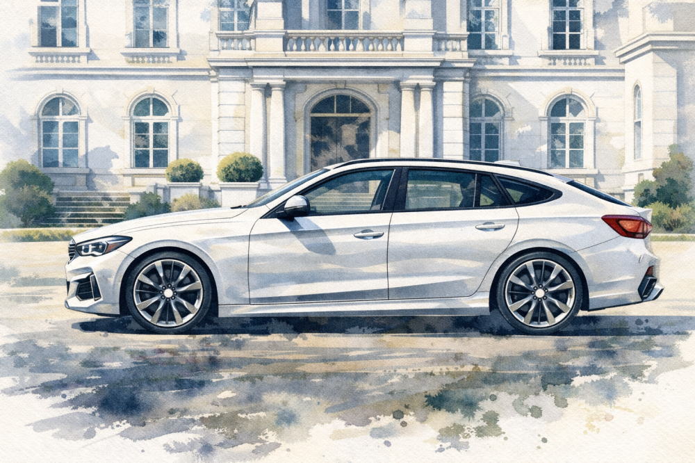 BMW X1で「失敗した…」となる7つの理由を解説する記事用イメージ画像。白い西洋風な建物と高級車風イラスト。