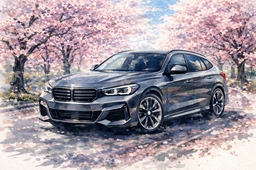 BMW X1中古が安い理由を解説する記事用イメージ画像。桜並木と高級車風イラスト。