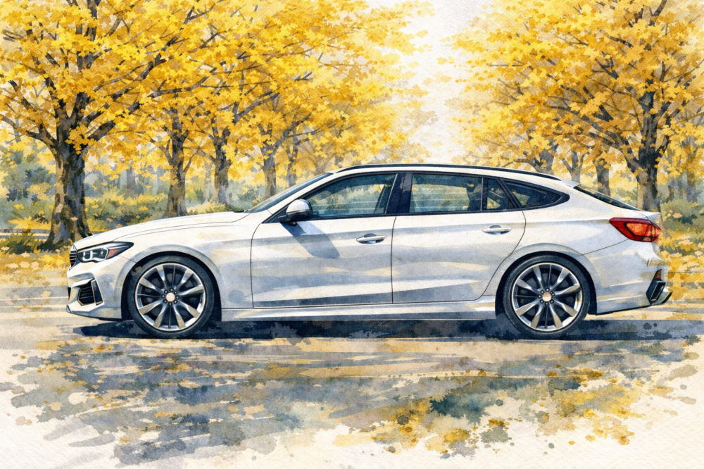 BMW X1中古が安い理由を解説する記事用イメージ画像。銀杏並木と高級車風イラスト。