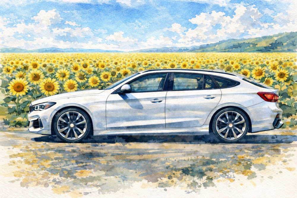 BMW X1中古が安い理由を解説する記事用イメージ画像。ひまわり畑と高級車風イラスト。