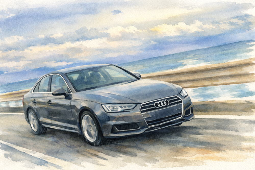 アウディのイメージイラスト(海沿いを走るアウディ)
