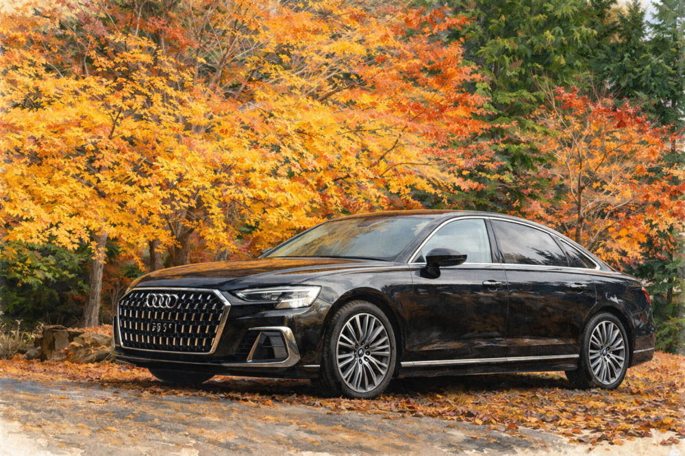 アウディのイメージイラスト(秋の森とアウディ)