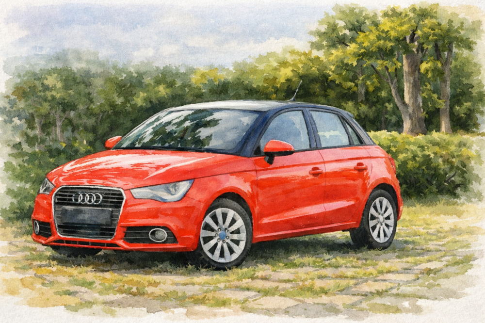 アウディのイメージイラスト（赤いアウディA1と緑の風景）