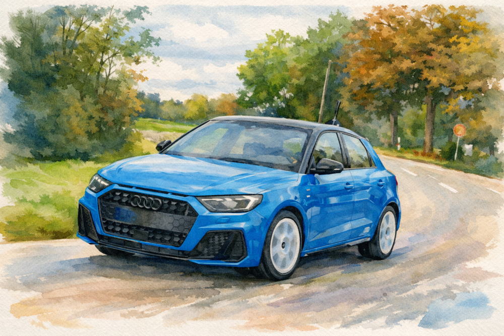 アウディのイメージイラスト（青いA1と田舎道）