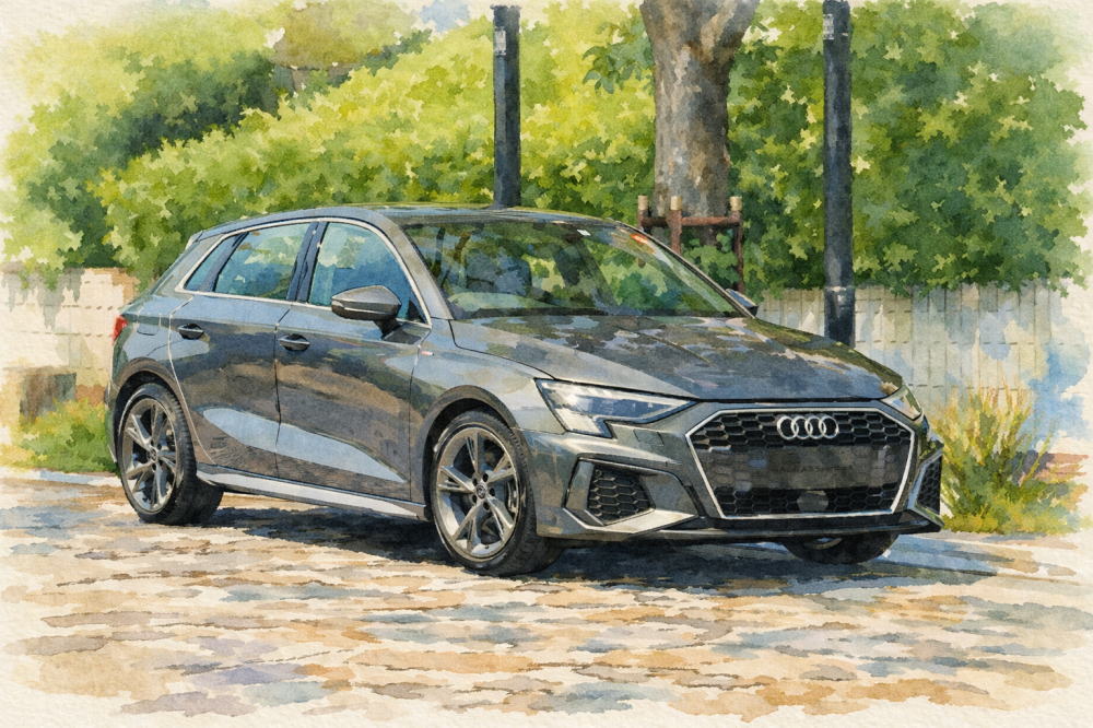 アウディのイメージイラスト（A3と石畳の街道）