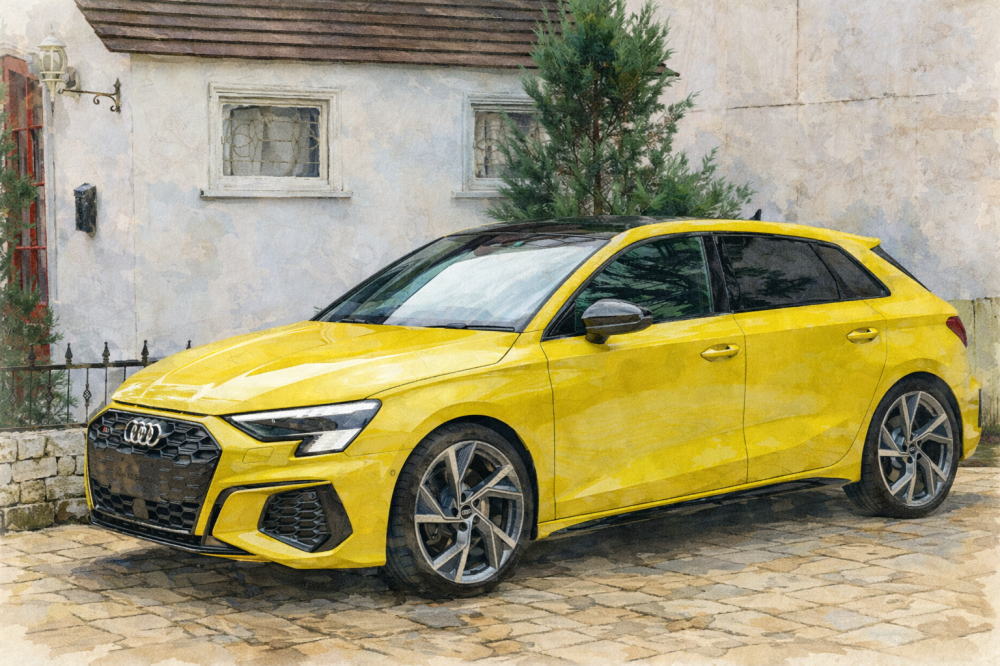 アウディのイメージイラスト（黄色いA3と白い家）
