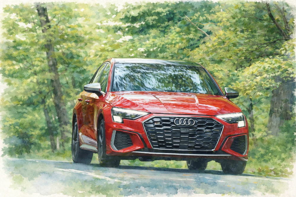 アウディのイメージイラスト（赤いA3と森の道）