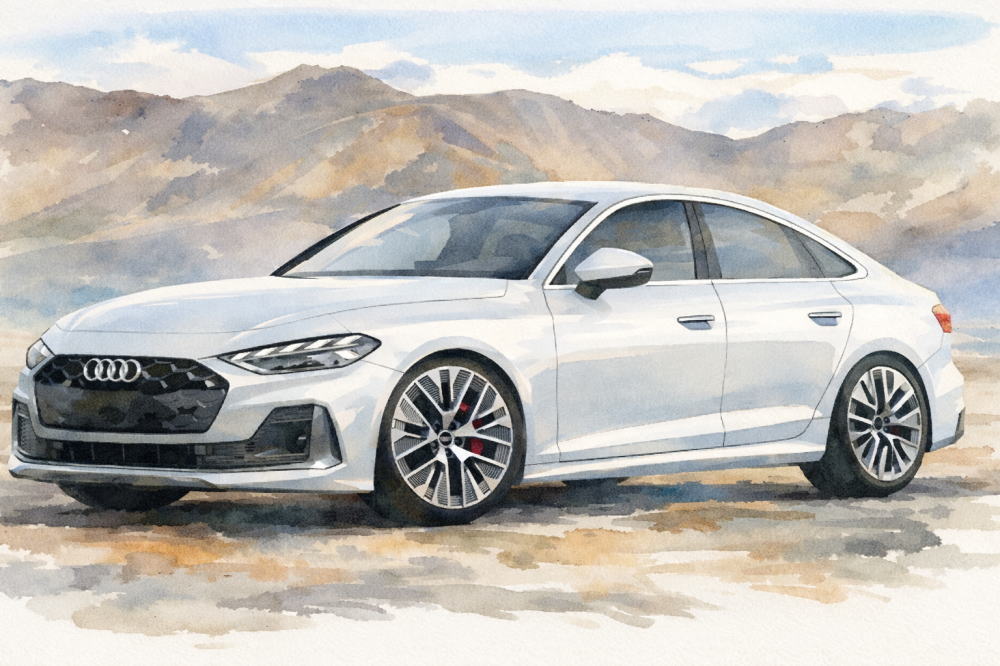 アウディのイメージイラスト（白いA5スポーツパックと山々の風景）