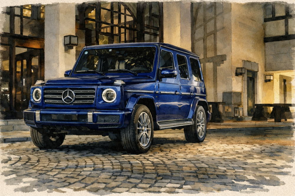 ベンツのイメージイラスト（青いゲレンデと建物）