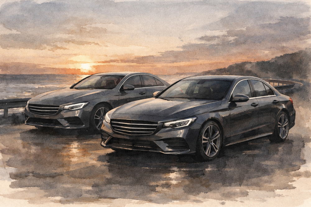 ベンツCLAとCクラスの違いを解説する記事用イメージ画像。夕日を背景に止まるベンツCLAとCクラス。