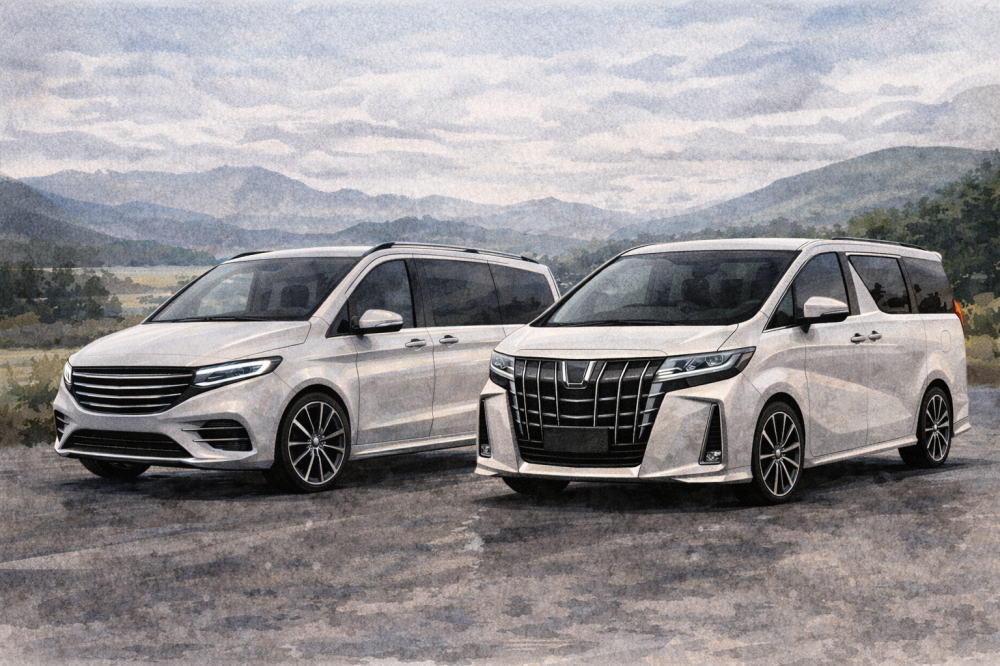 ベンツVクラスとアルファードを比較を解説する記事用イメージ画像。高級ミニバンと自然の風景の水彩イラスト。