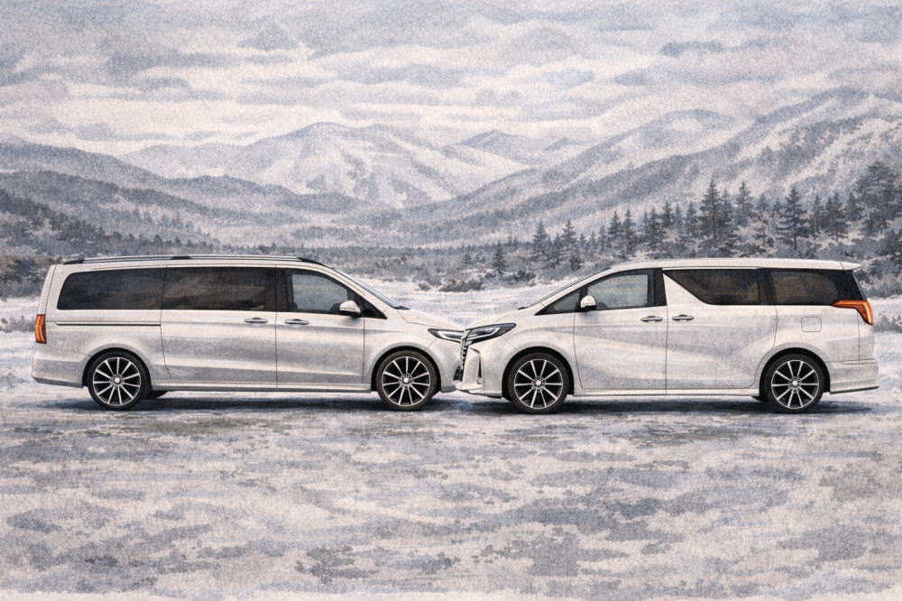 ベンツVクラスとアルファードを比較を解説する記事用イメージ画像。高級ミニバンと雪景色の風景の水彩イラスト。