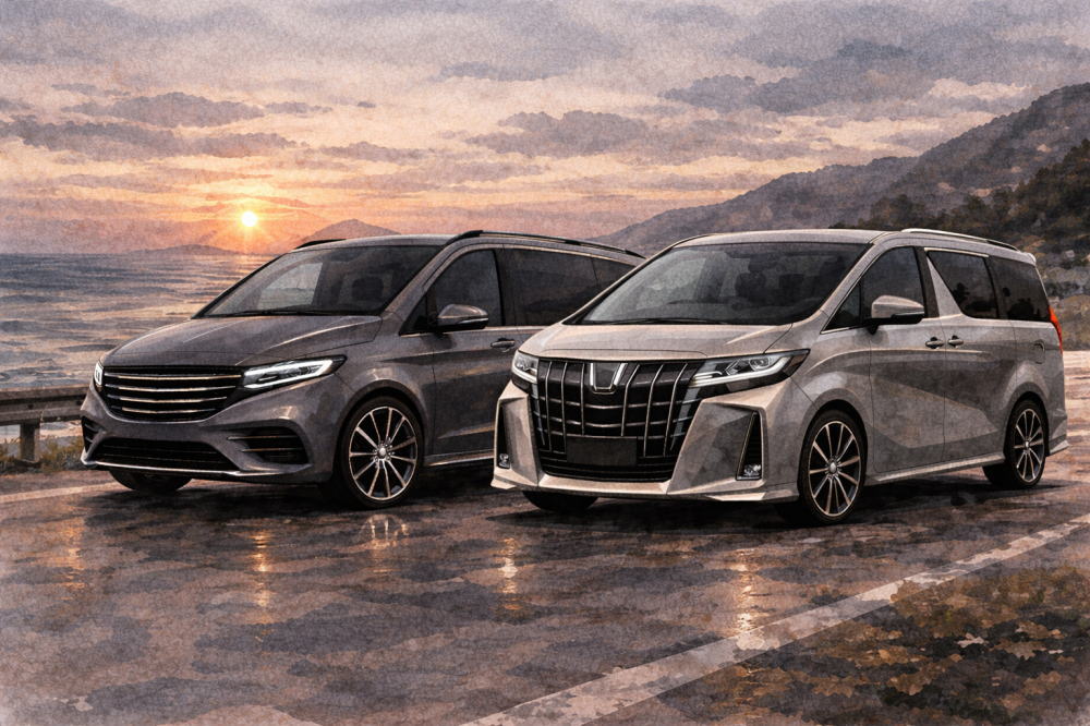 ベンツVクラスとアルファードを比較を解説する記事用イメージ画像。夕暮れの海沿い道路と高級ミニバン水彩イラスト。