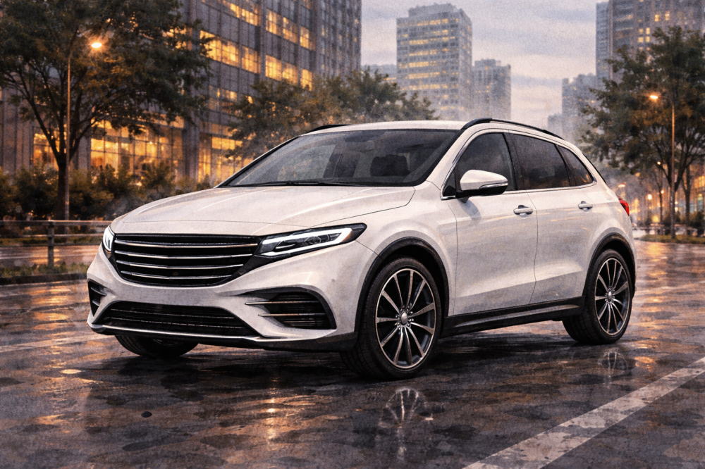 ベンツGLAはダサいを解説する記事用イメージ画像。街中を走る白の高級車風イラスト。