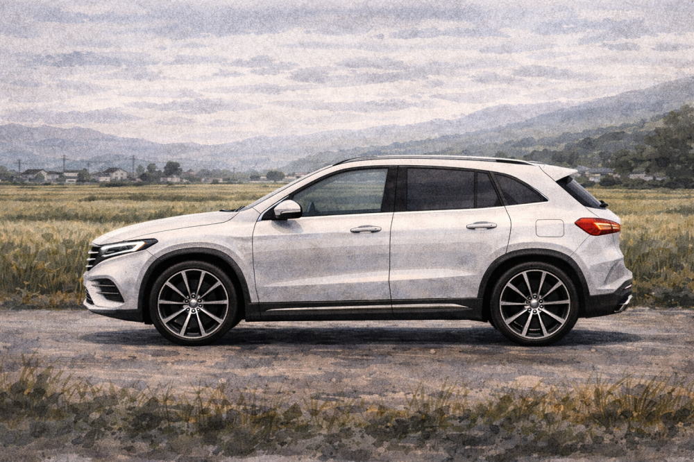 ベンツGLAはダサいを解説する記事用イメージ画像。田園風景と白の高級車風イラスト。