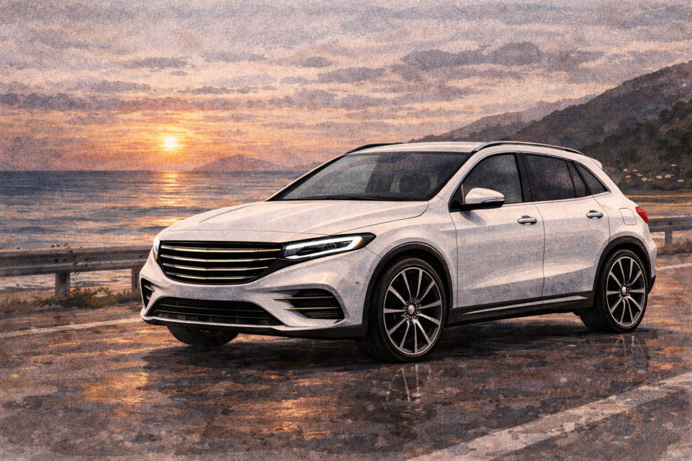 ベンツGLAはダサいを解説する記事用イメージ画像。夕暮れの海沿い道路と高級車風イラスト。