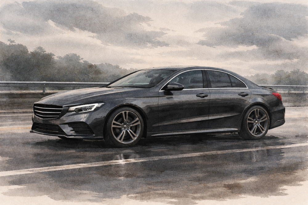 ベンツCLAとCクラスの違いを解説する記事用イメージ画像。曇り空の道路を走るブラックの高級セダン風水彩イラスト。