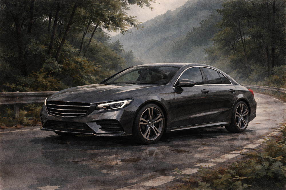 ベンツCLAとCクラスの違いを解説する記事用イメージ画像。静かな山道を走るブラックの高級セダン風水彩イラスト。