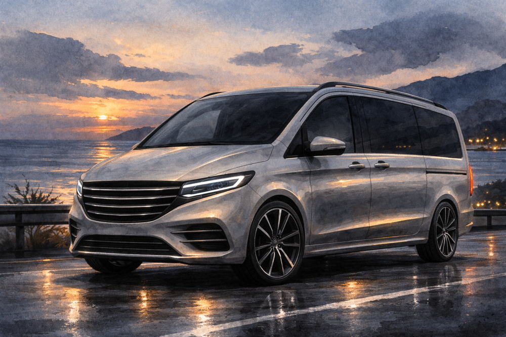 ベンツVクラスはなぜ安いを解説する記事用イメージ画像。夕暮れの海沿い道路を走るベンツの風水彩イラスト。