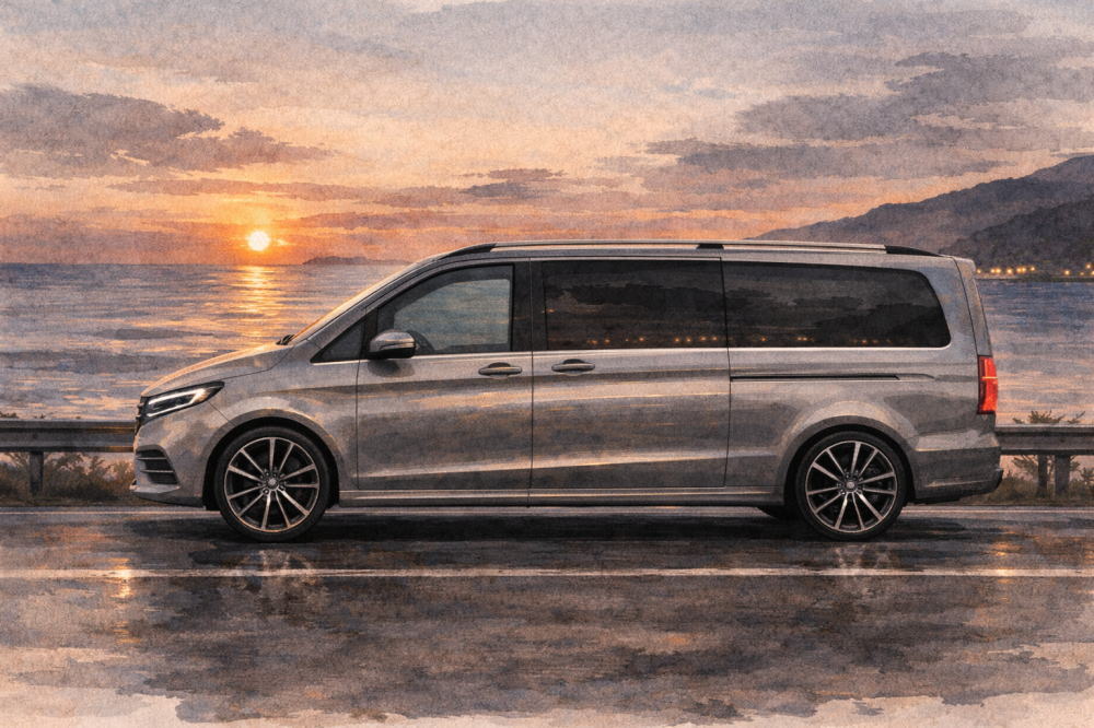 ベンツVクラスはなぜ安いを解説する記事用イメージ画像。夕焼けの海沿い道路を走るベンツ風水彩イラスト。