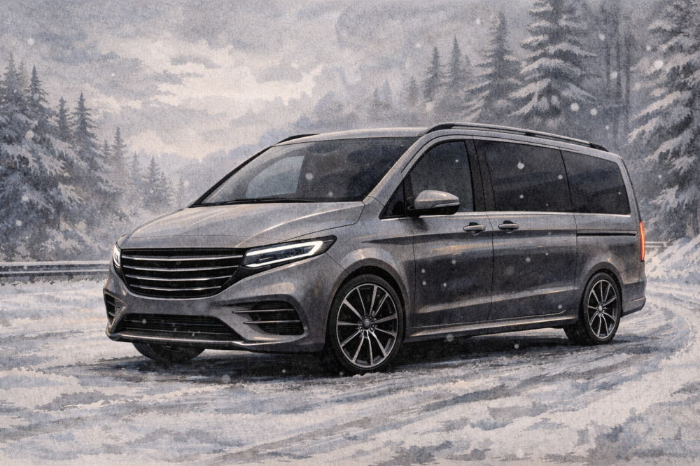 ベンツVクラスはなぜ安いを解説する記事用イメージ画像。雪景色の道路を走るベンツ風水彩イラスト。