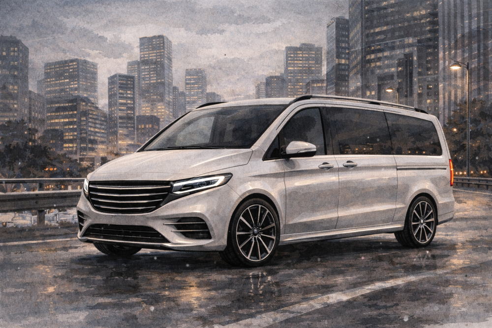 ベンツVクラスに乗ってる人の正体はを解説する記事用イメージ画像。都心の風景をバックに走るベンツ風水彩イラスト。