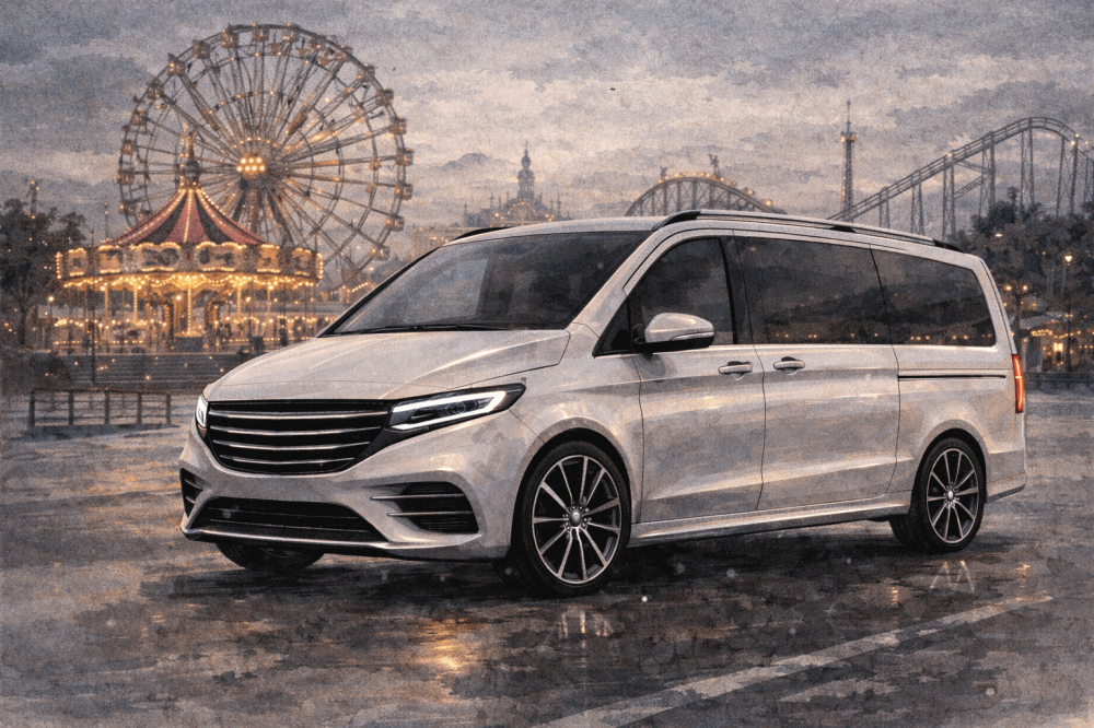 ベンツVクラスに乗ってる人の正体はを解説する記事用イメージ画像。夕暮れの遊園地とベンツ風水彩イラスト。