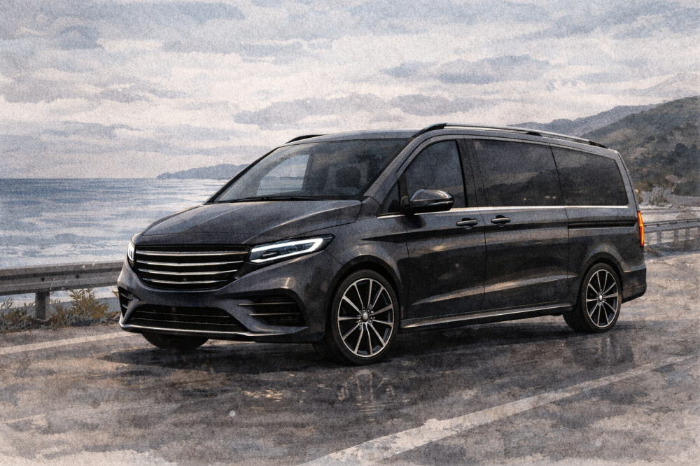 ベンツVクラスに乗ってる人の正体はを解説する記事用イメージ画像。昼間の海沿いの道路を走るベンツ風水彩イラスト。