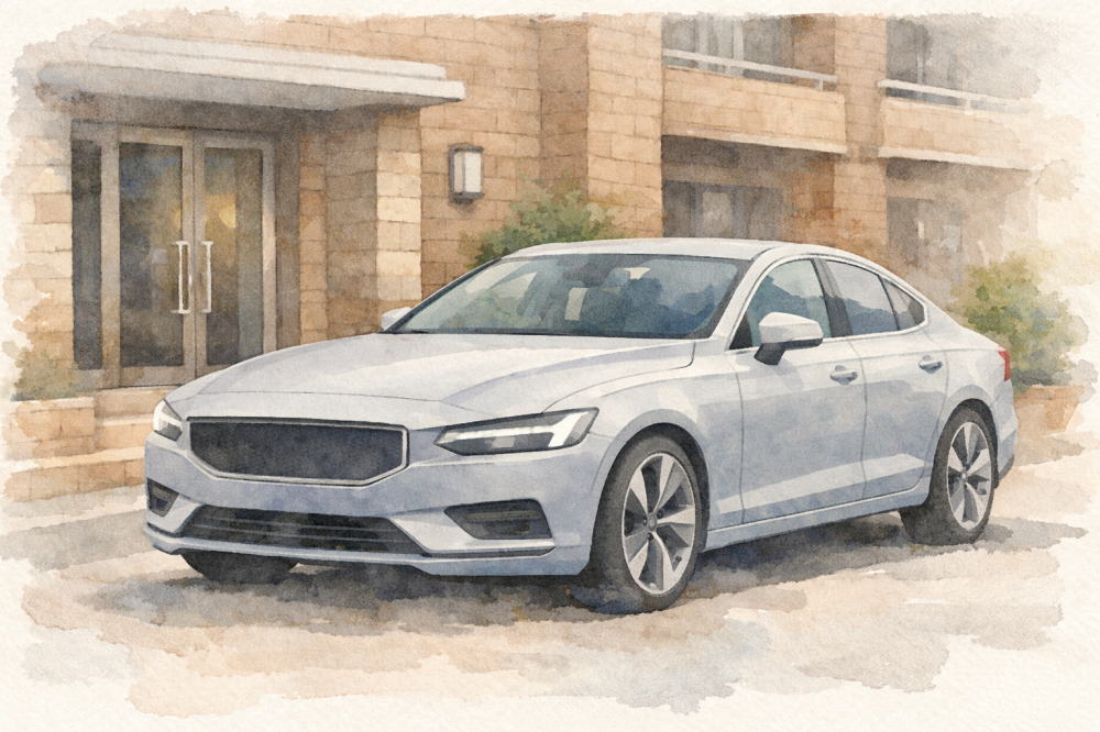 「ボルボの中古車はなぜ安い」を解説する記事用イメージ画像。茶色のマンションの玄関前の北欧デザイン車風水彩イラスト。