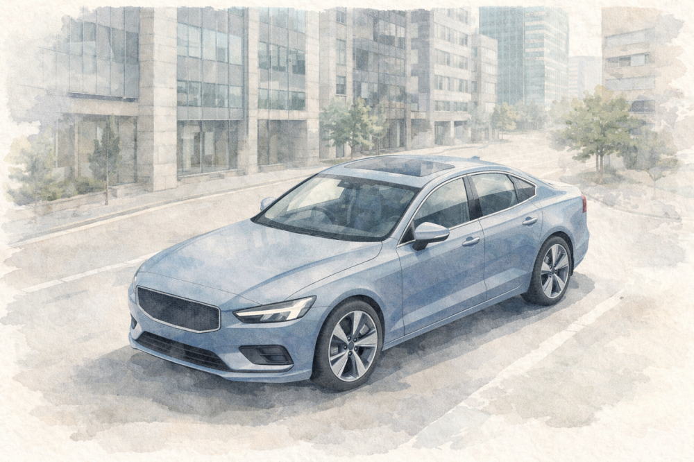 「ボルボの中古車はなぜ安い」を解説する記事用イメージ画像。都会のビル街と北欧デザイン車風水彩イラスト。