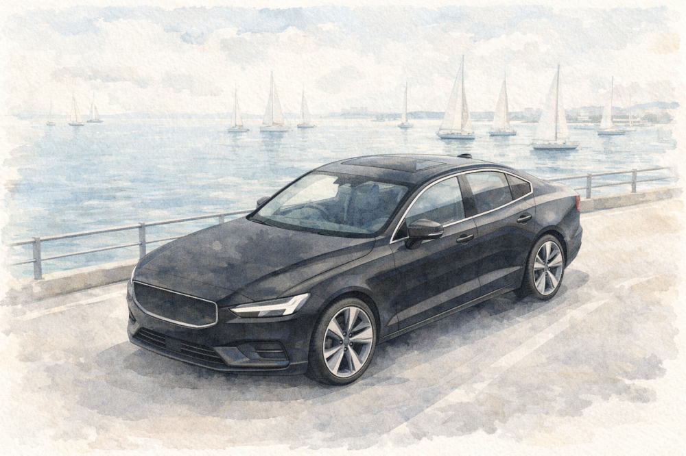 「ボルボの中古車はなぜ安い」を解説する記事用イメージ画像。ヨットが見える景色と北欧デザイン車風水彩イラスト。