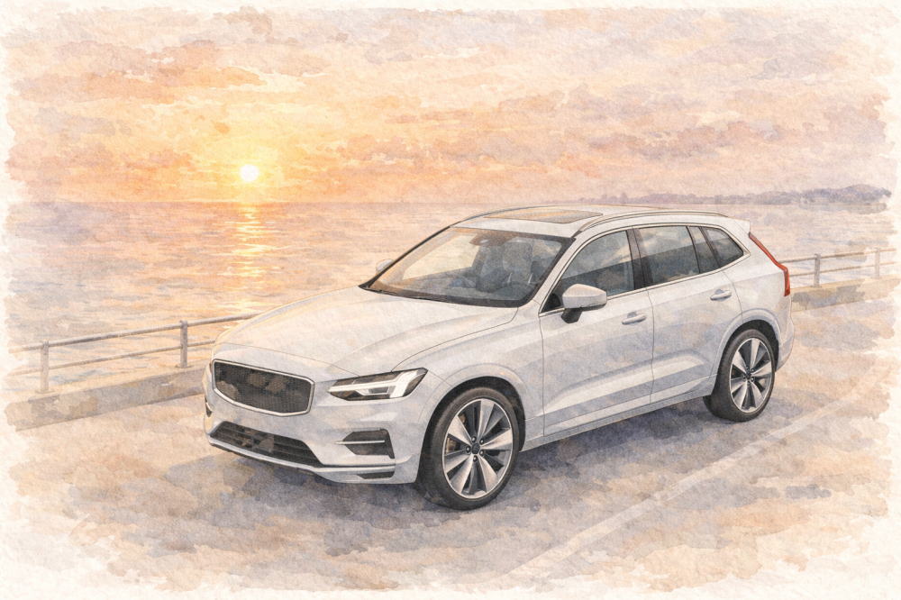 「ボルボ中古の注意点」を解説する記事用イメージ画像。夕焼けの海と北欧デザイン車風水彩イラスト。