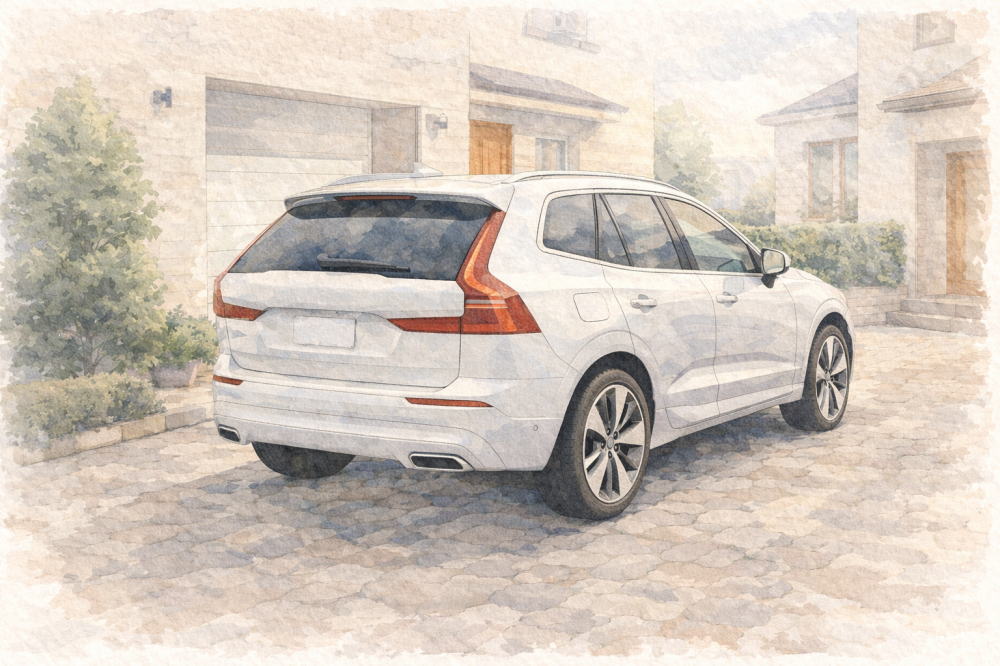 「ボルボ中古の注意点」を解説する記事用イメージ画像。石畳のある住宅の駐車場と北欧デザイン車風水彩イラスト。