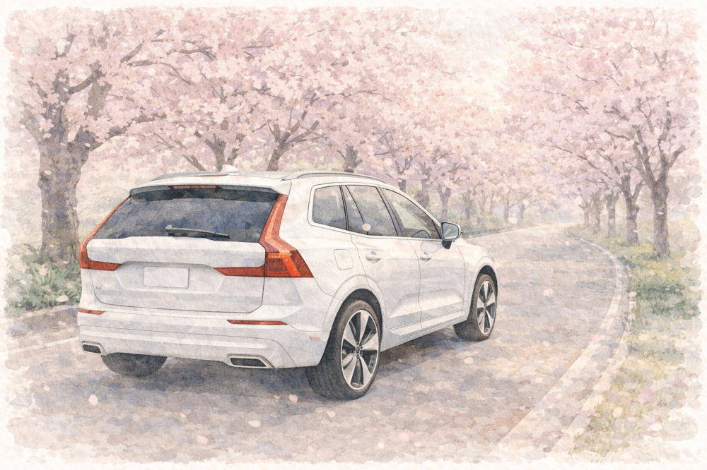 「ボルボ中古の注意点」を解説する記事用イメージ画像。桜並木と北欧デザイン車風水彩イラスト。