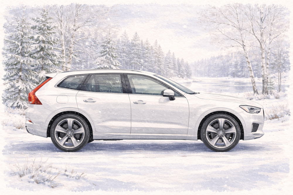 「ボルボを選ぶ人の特徴」を解説する記事用イメージ画像。雪景色と北欧デザイン車風水彩イラスト。