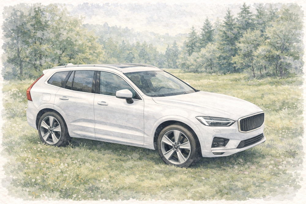 「ボルボを選ぶ人の特徴」を解説する記事用イメージ画像。森に囲まれた野原と北欧デザイン車風水彩イラスト。