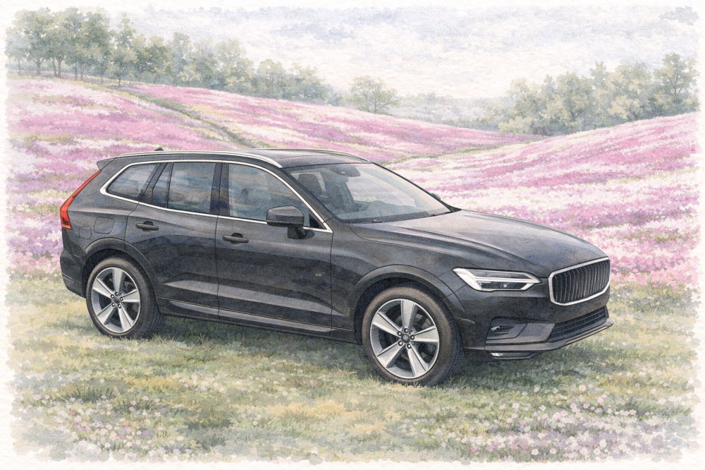 「ボルボを選ぶ人の特徴」を解説する記事用イメージ画像。芝桜の丘陵と北欧デザイン車風水彩イラスト。