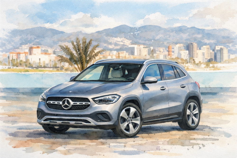 ベンツのイメージイラスト（海辺に停めたGLA）