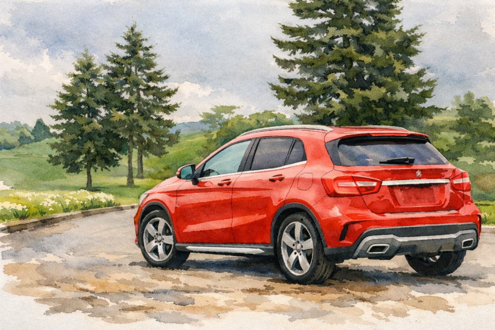 ベンツのイメージイラスト（赤いGLAと公園）