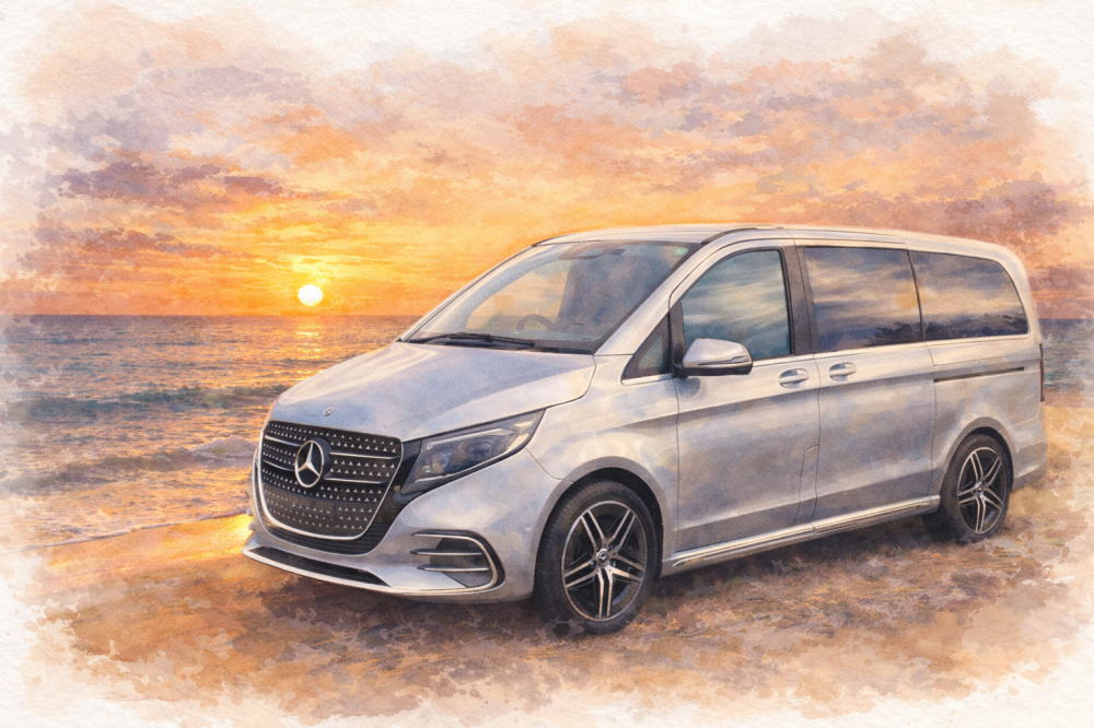 ベンツのイメージイラスト（Vクラスと夕焼けの海）