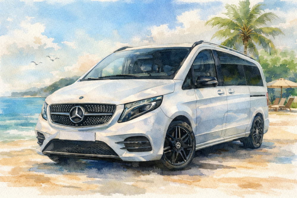 ベンツのイメージイラスト（Vクラスと浜辺の風景）