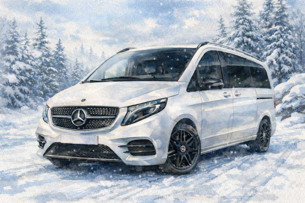 ベンツのイメージイラスト（Vクラスと雪道）