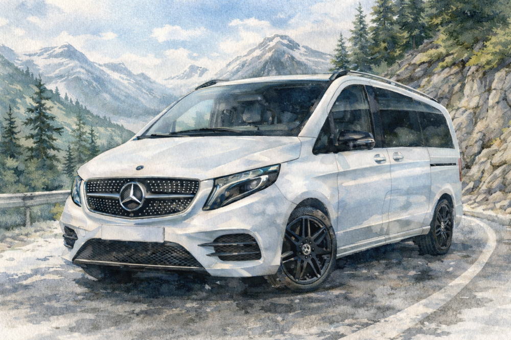 ベンツのイメージイラスト（Vクラスと高原の道）